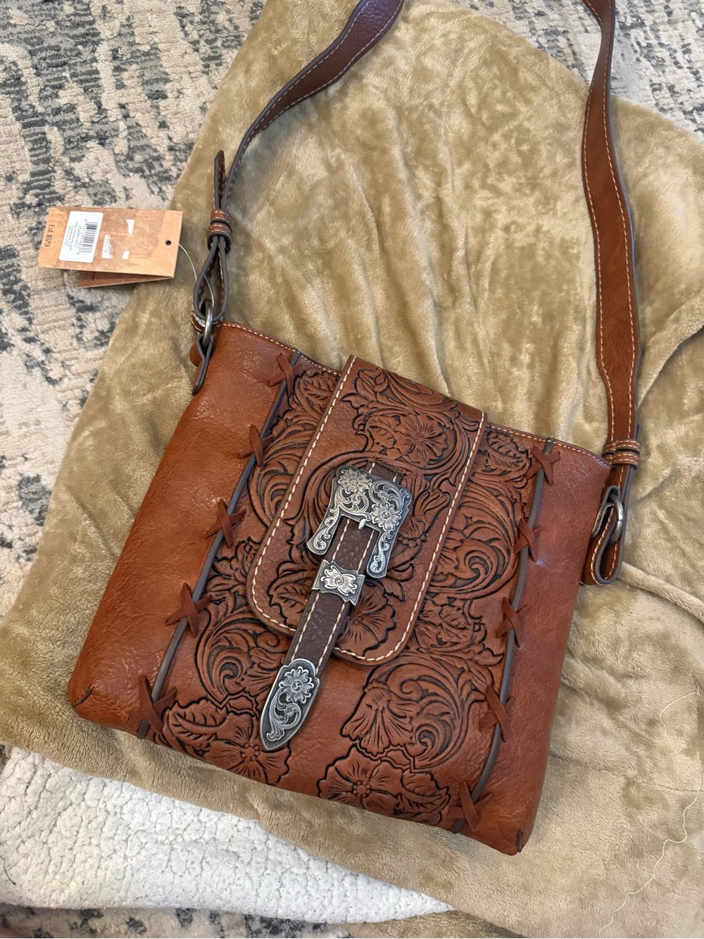 Leather Crossbody Bag with Silver Buckle - Brown